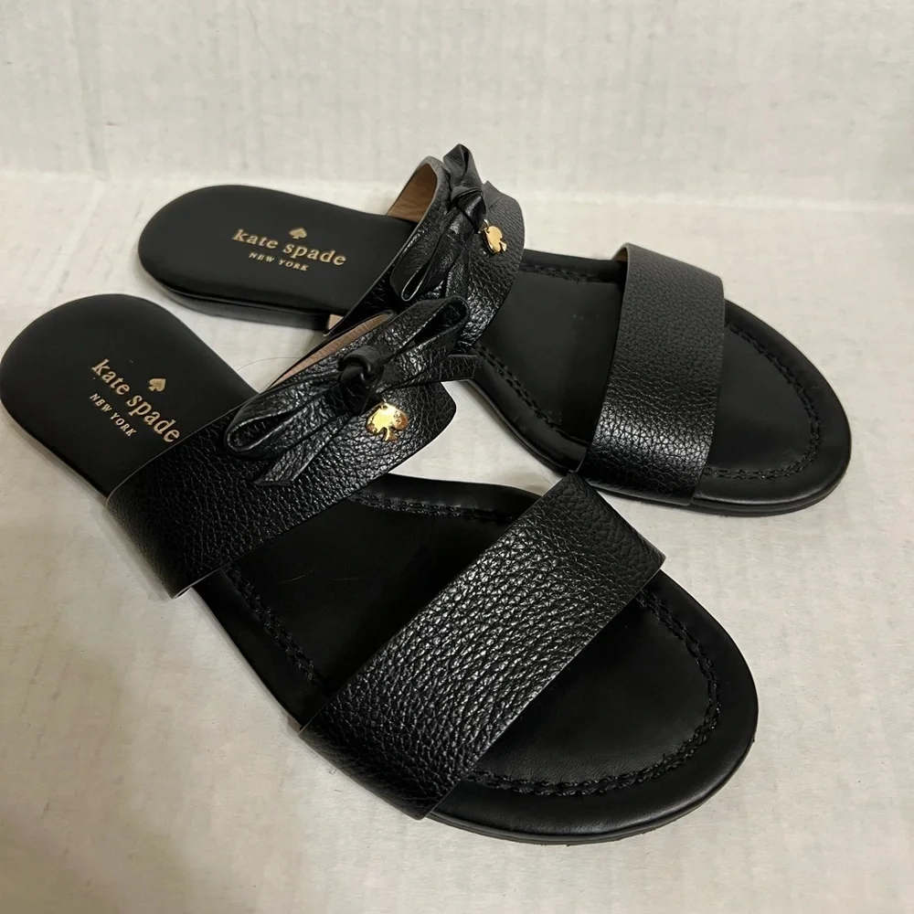 Kate Spade Leather Sandals Tulia Bow Slides Strappy Slip On Charm